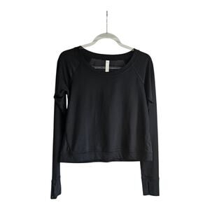 Lucy Womens Size SM Athleisure Crop Top Black Sheer Striped Back L/S Thumbholes